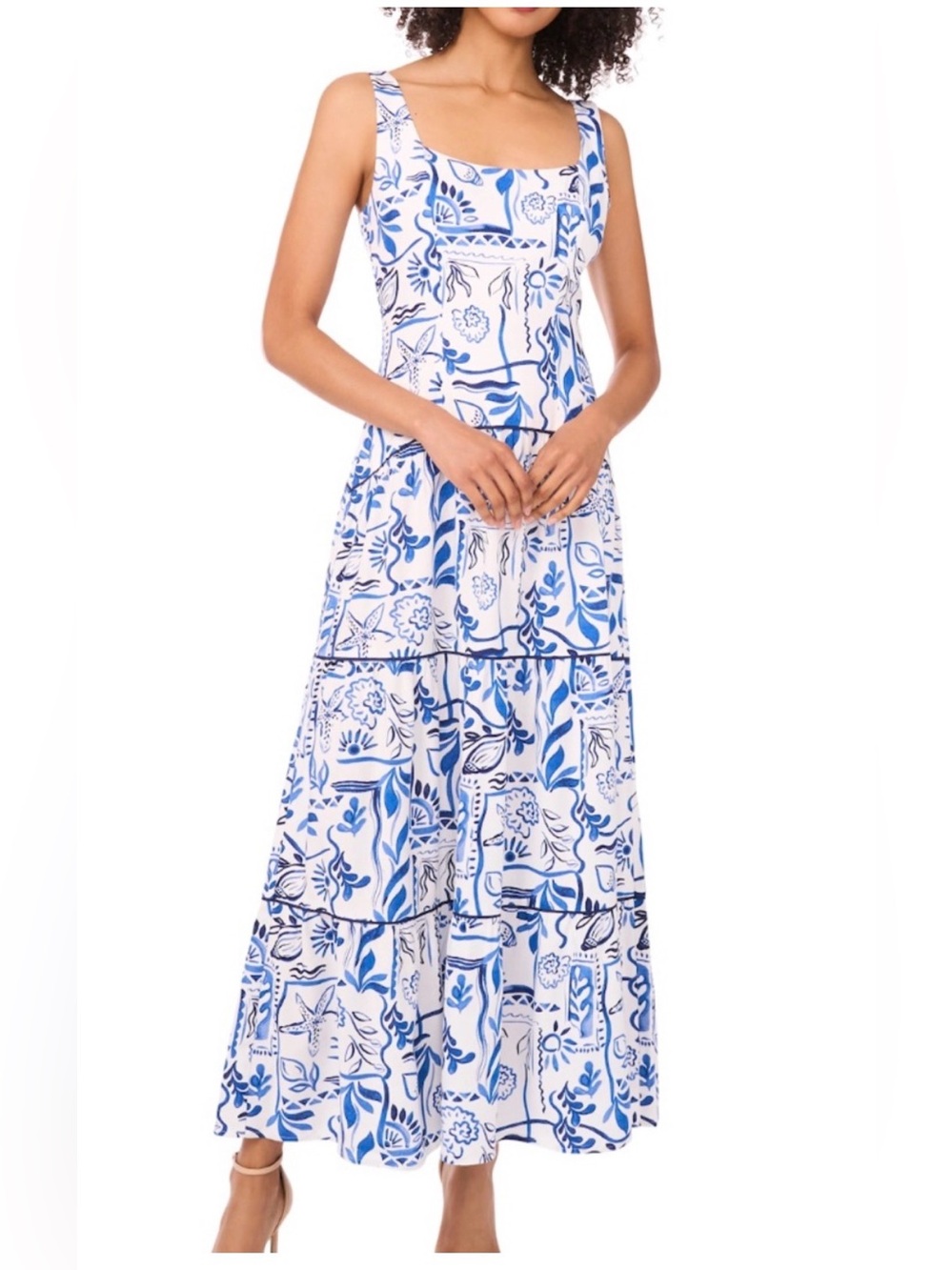CeCe Floral Maxi Dress in White & Blue Size Large NWT